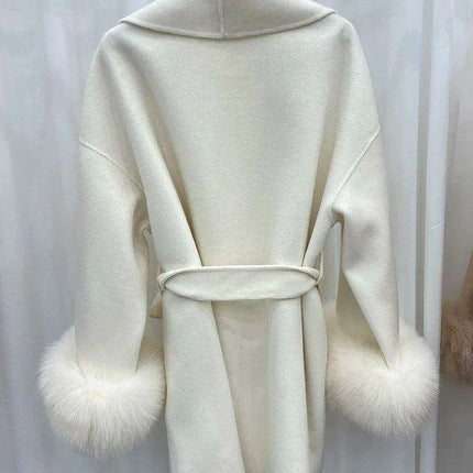 Elegant Korean Wool Coat with Genuine Fox Fur Cuffs and Chic Waist Belt - Transform Your Autumn Wardrobe - Très Elite