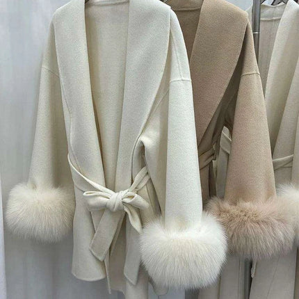Elegant Korean Wool Coat with Genuine Fox Fur Cuffs and Chic Waist Belt - Transform Your Autumn Wardrobe - Très Elite