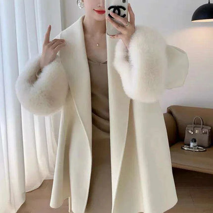 Elegant Korean Wool Coat with Genuine Fox Fur Cuffs and Chic Waist Belt - Transform Your Autumn Wardrobe - Très Elite