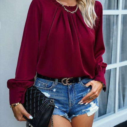 Elegant Lace-Accented Long-Sleeve Blouse - Women's Chic Top - Très Elite