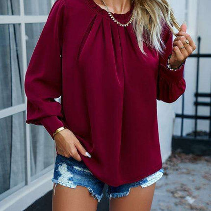 Elegant Lace-Accented Long-Sleeve Blouse - Women's Chic Top - Très Elite