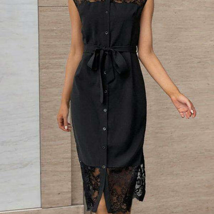 Elegant Lace-Detail Lapel Dress - Timeless Black and White Charm - Très Elite