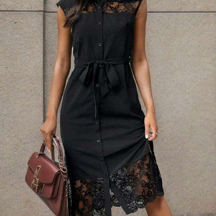 Elegant Lace-Detail Lapel Dress - Timeless Black and White Charm - Très Elite