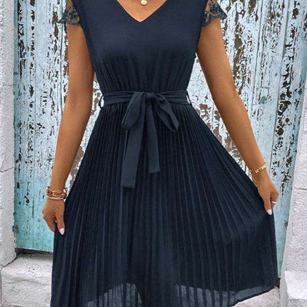 Elegant Lace-Embellished Pleated Dress for Stylish Women