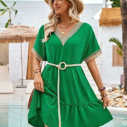 Elegant Lace-Embellished V-Neck Dress with Adjustable Waist Belt - Très Elite