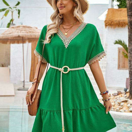 Elegant Lace-Embellished V-Neck Dress with Adjustable Waist Belt - Très Elite