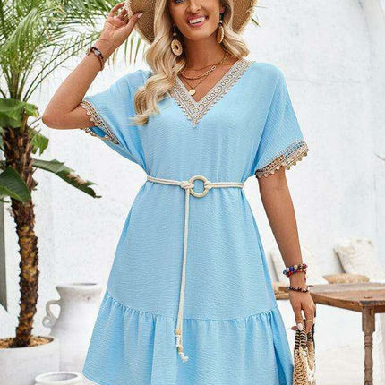 Elegant Lace-Embellished V-Neck Dress with Adjustable Waist Belt - Très Elite