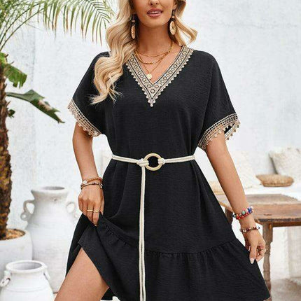 Elegant Lace-Embellished V-Neck Dress with Adjustable Waist Belt - Très Elite