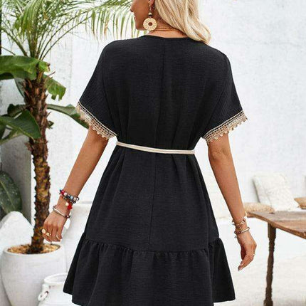 Elegant Lace-Embellished V-Neck Dress with Adjustable Waist Belt - Très Elite