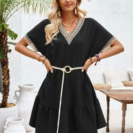 Elegant Lace-Embellished V-Neck Dress with Adjustable Waist Belt - Très Elite