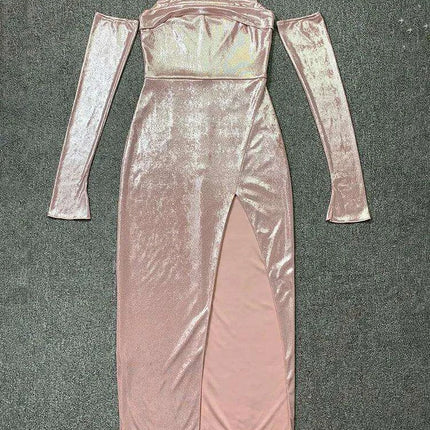Elegant Lace-Up Midi Bodycon Dress Ensemble with Detachable Gloves - Très Elite