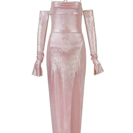 Elegant Lace-Up Midi Bodycon Dress Ensemble with Detachable Gloves - Très Elite
