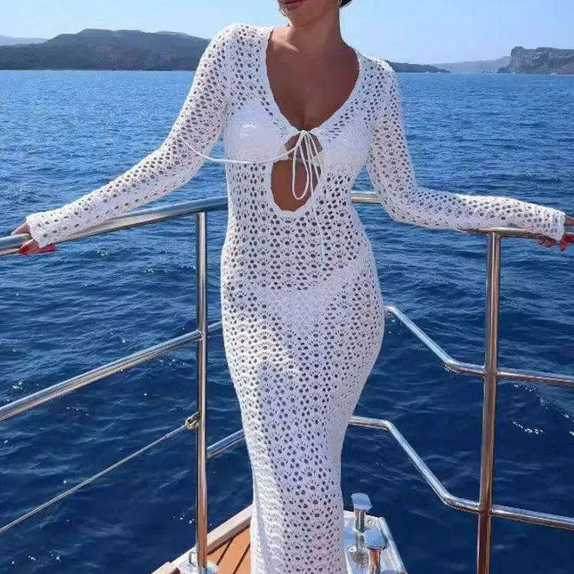 Elegant Lace-Up V Neck White Hollow Maxi Dress for Women - Trendy Long Sleeve Summer Beachwear