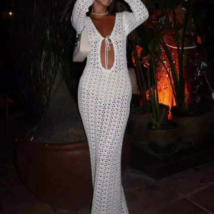 Elegant Lace-Up V Neck White Hollow Maxi Dress for Women - Trendy Long Sleeve Summer Beachwear - Très Elite