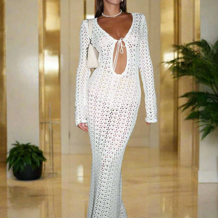 Elegant Lace-Up V Neck White Hollow Maxi Dress for Women - Trendy Long Sleeve Summer Beachwear - Très Elite