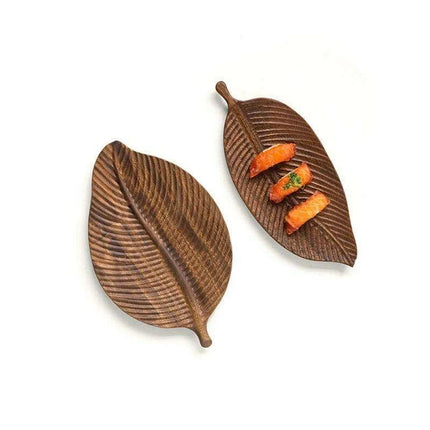 Elegant Leaf-Shaped Walnut Rubber Wood Serving Trays for Luxurious Dining - Très Elite