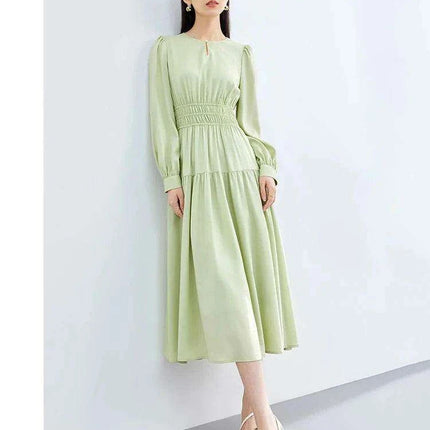 Elegant Light Green Puff Sleeve Midi Dress - Spring Pullover Round Neck for Women 2024 - Très Elite