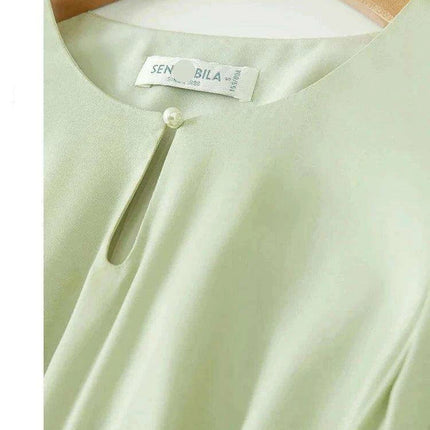 Elegant Light Green Puff Sleeve Midi Dress - Spring Pullover Round Neck for Women 2024 - Très Elite