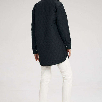 Elegant Long Quilted Coat with Stylish Side Slits and Snap Closure Features - Très Elite