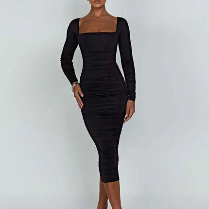 Elegant Long Sleeve Black Midi Dress with Ruched Detailing - The Ultimate Women’s Wardrobe Staple - Très Elite