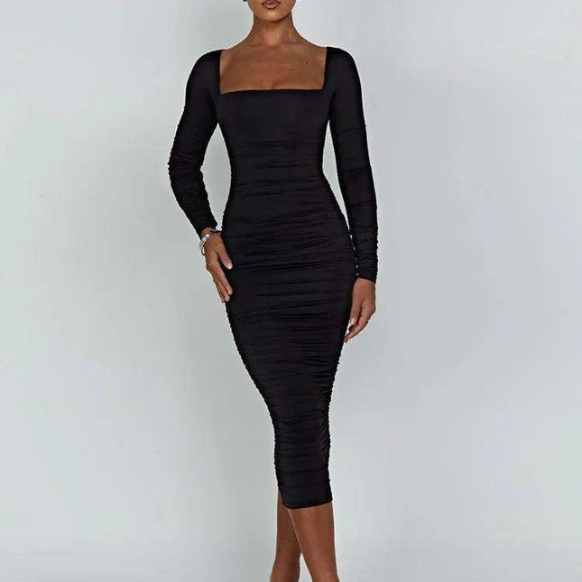 Elegant Long Sleeve Black Midi Dress with Ruched Detailing - The Ultimate Women’s Wardrobe Staple