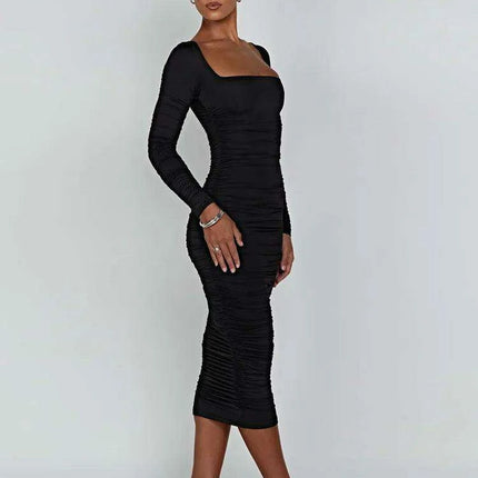 Elegant Long Sleeve Black Midi Dress with Ruched Detailing - The Ultimate Women’s Wardrobe Staple - Très Elite