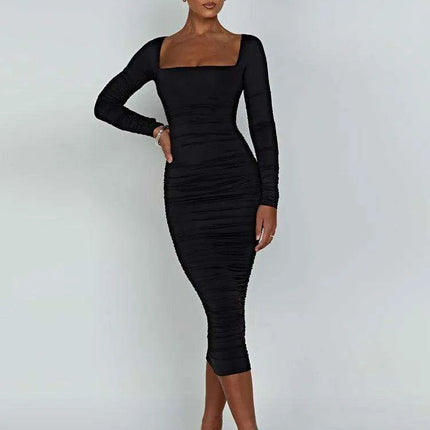 Elegant Long Sleeve Black Midi Dress with Ruched Detailing - The Ultimate Women’s Wardrobe Staple - Très Elite