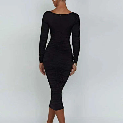 Elegant Long Sleeve Black Midi Dress with Ruched Detailing - The Ultimate Women’s Wardrobe Staple - Très Elite