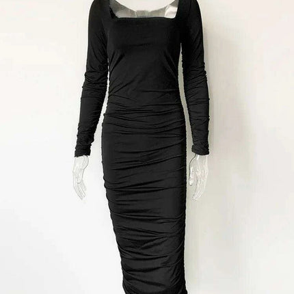 Elegant Long Sleeve Black Midi Dress with Ruched Detailing - The Ultimate Women’s Wardrobe Staple - Très Elite