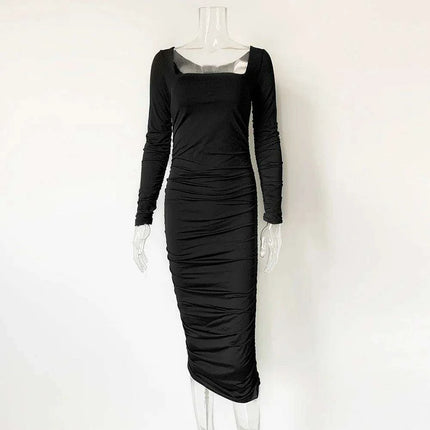 Elegant Long Sleeve Black Midi Dress with Ruched Detailing - The Ultimate Women’s Wardrobe Staple - Très Elite