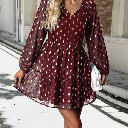 Elegant Long Sleeve Chiffon V-Neck Dress for Women - Fall Fashion - Très Elite