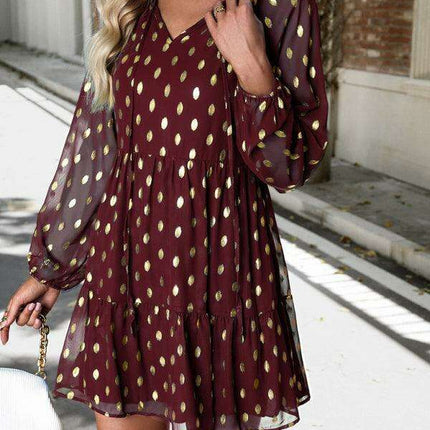 Elegant Long Sleeve Chiffon V-Neck Dress for Women - Fall Fashion - Très Elite