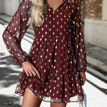 Elegant Long Sleeve Chiffon V-Neck Dress for Women - Fall Fashion - Très Elite