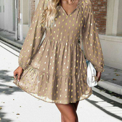 Elegant Long Sleeve Chiffon V-Neck Dress for Women - Fall Fashion - Très Elite