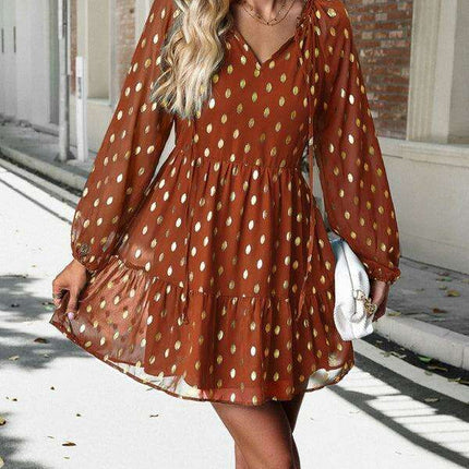 Elegant Long Sleeve Chiffon V-Neck Dress for Women - Fall Fashion - Très Elite