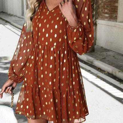 Elegant Long Sleeve Chiffon V-Neck Dress for Women - Fall Fashion - Très Elite
