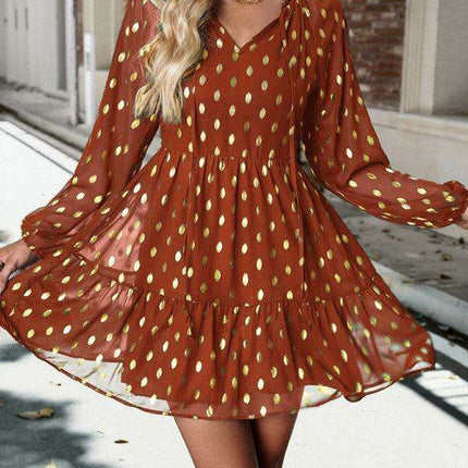 Elegant Long Sleeve Chiffon V-Neck Dress for Women - Fall Fashion - Très Elite