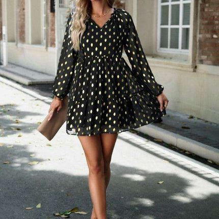 Elegant Long Sleeve Chiffon V-Neck Dress for Women - Fall Fashion - Très Elite