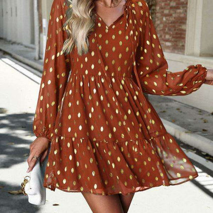 Elegant Long Sleeve Chiffon V-Neck Dress for Women - Fall Fashion - Très Elite
