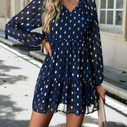 Elegant Long Sleeve Chiffon V-Neck Dress for Women - Fall Fashion - Très Elite