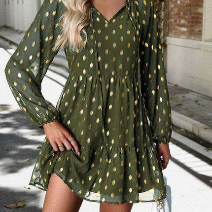 Elegant Long Sleeve Chiffon V-Neck Dress for Women - Fall Fashion - Trs Elite Caramel / S Elegant Long Sleeve Chiffon V-Neck Dress for Women - Fall Fashion - Trs Elite Caramel / S