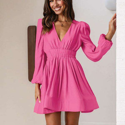 Elegant Long Sleeve V-Neck Pleated Dress - Effortless Style - Très Elite