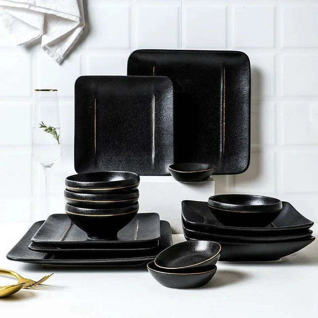 Elegant Matte Black and Gold Ceramic Dinnerware Collection - Essential Set for Upscale Dining Experiences