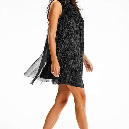 Elegant Mesh and Satin Stand-Up Collar Dress - Très Elite