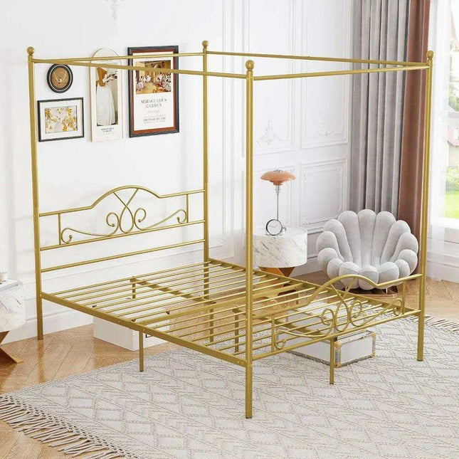 Elegant Metal Canopy Bed Frame with Four Posters and Storage Solutions