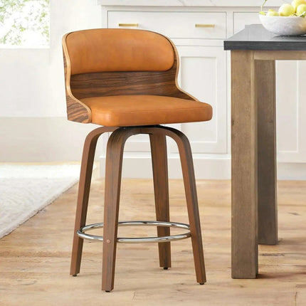 Elegant Mid-Century Walnut Swivel Counter Stools with Faux Leather Seat - 26 Inch Height..