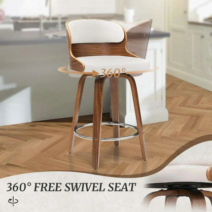 Elegant Mid-Century Walnut Swivel Counter Stools with Faux Leather Seat - 26 Inch Height - Très Elite