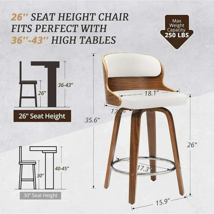 Elegant Mid-Century Walnut Swivel Counter Stools with Faux Leather Seat - 26 Inch Height - Très Elite