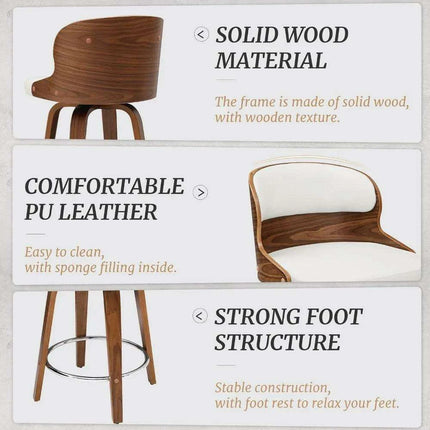 Elegant Mid-Century Walnut Swivel Counter Stools with Faux Leather Seat - 26 Inch Height - Très Elite