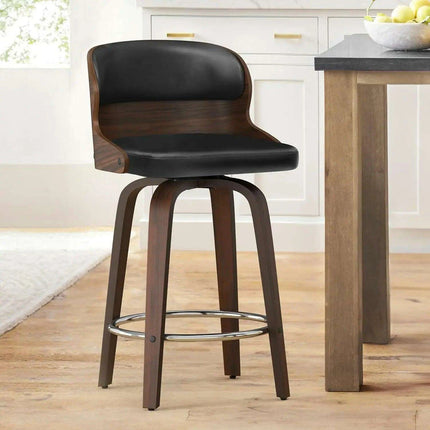 Elegant Mid-Century Walnut Swivel Counter Stools with Faux Leather Seat - 26 Inch Height..